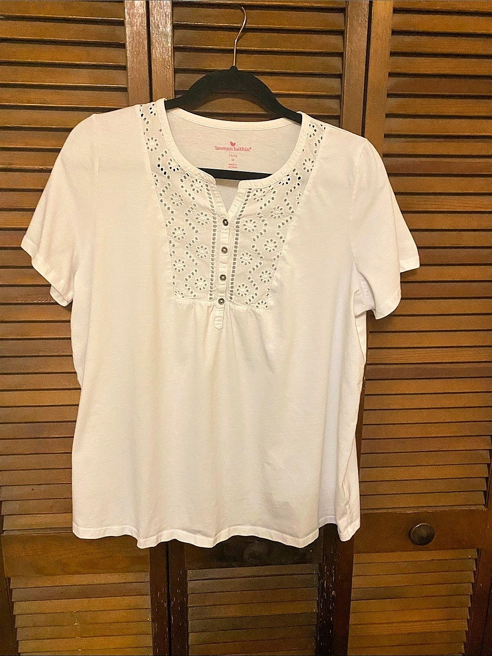 woman within Eyelet Trim Henley Top Eyelet Tunic Top White Size 14/16
